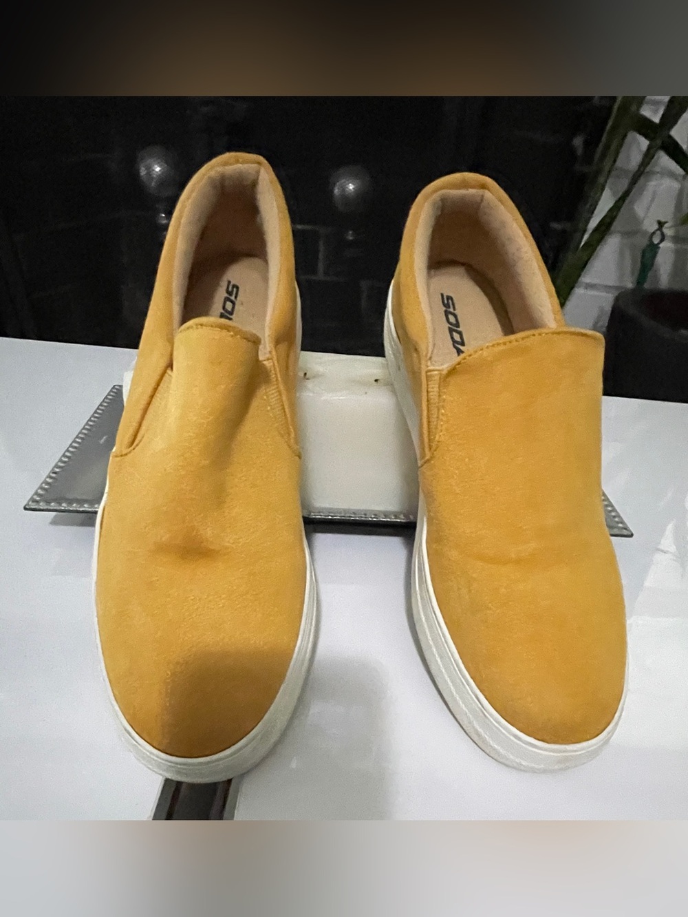 Soda Slip-On Suede Flats in Mustard Yellow